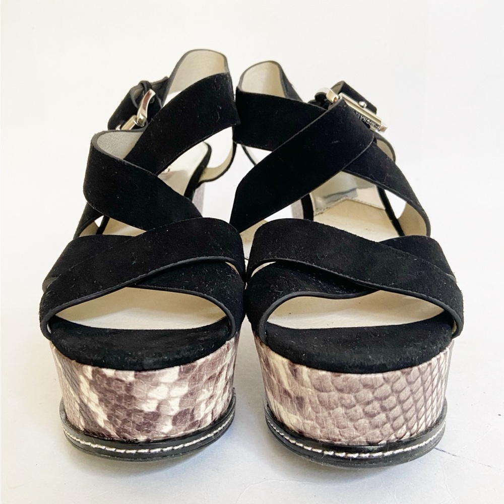 Michael Kors Black Suede Celia Wedge/Platform Sandals Snake Print Heel Size 7 - Picture 7 of 10
